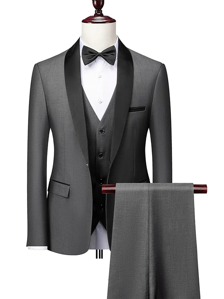 Business Casual Dark Grey Three Piece Satin Shawl Lapel Standard Fit Wedding Men Suits