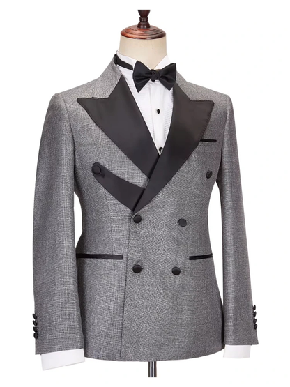 New Elegant Two Piece Formal Dark Gray Peaked Lapel Double Breasted Business Men Suits