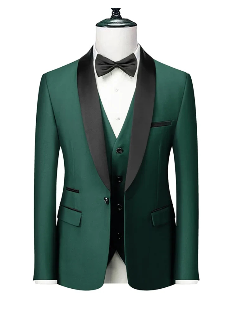 Business Casual Dark Green Three Piece Elegant Shawl Lapel Tuxedo