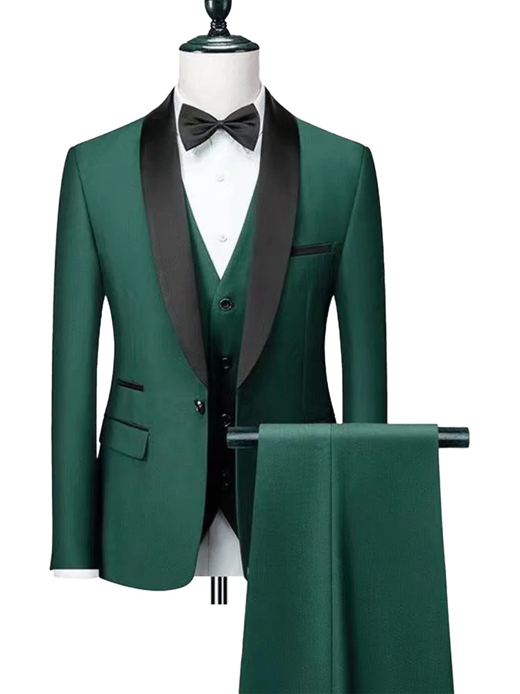 Business Casual Dark Green Three Piece Elegant Shawl Lapel Tuxedo