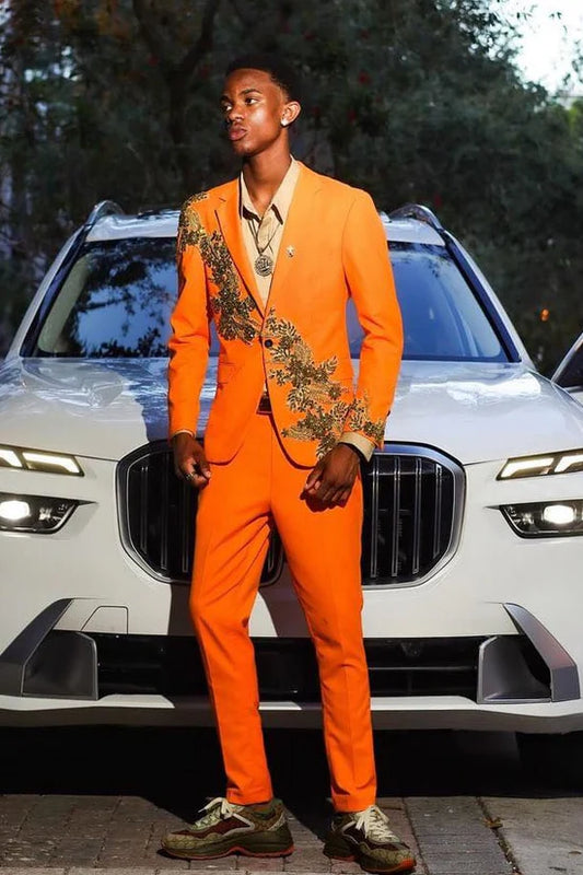 Orange Slim Fit Prom Suit 2-Piece Suit with Appliques
