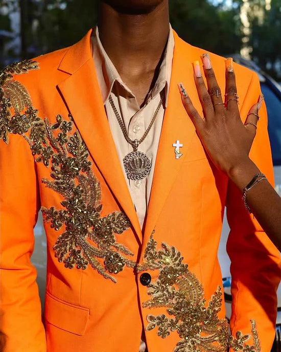 Orange Slim Fit Prom Suit 2-Piece Suit with Appliques