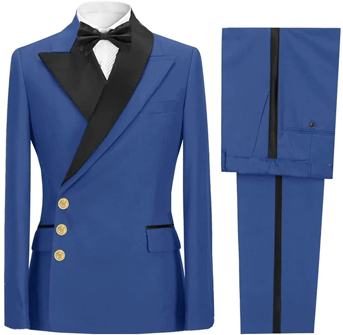 Blue Peaked Lapel Single Breasted Men Suit