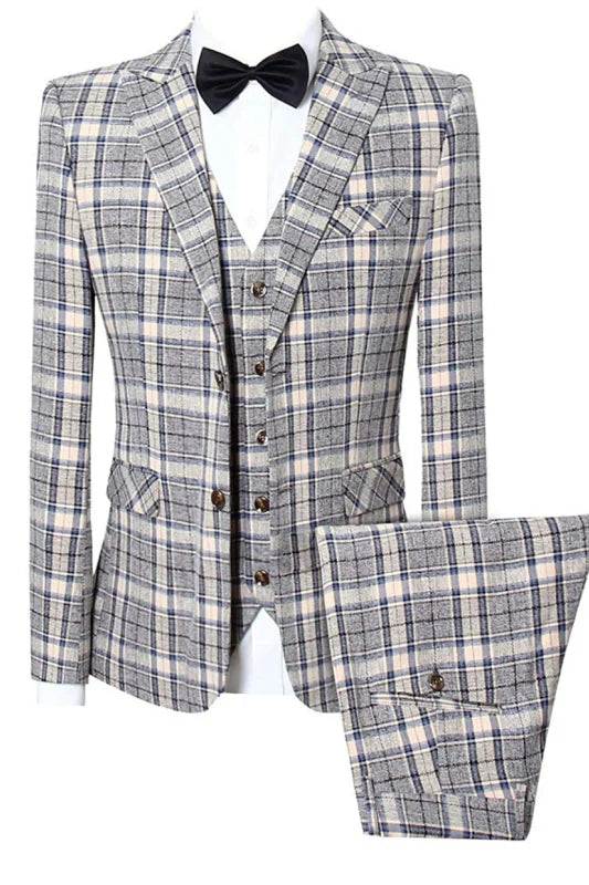 Yellow Grey Plaid Fashion Peaked Lapel Bespoke Three Pieces Men Outfit