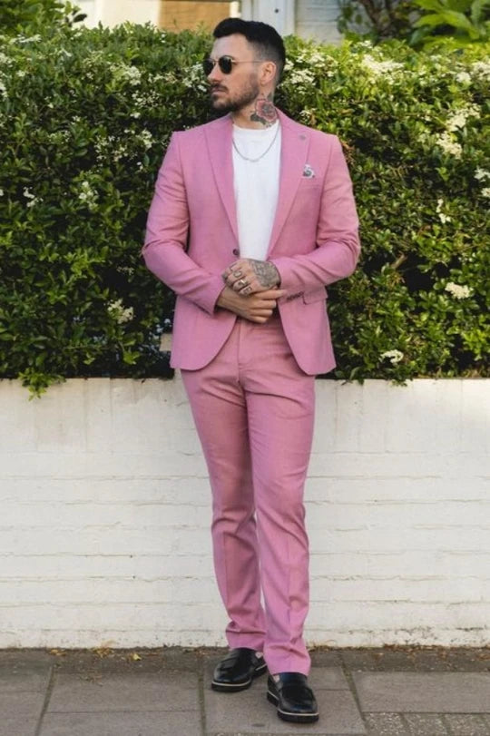 Chic Pink Peaked Lapel 2 Piece Single Breasted Suit