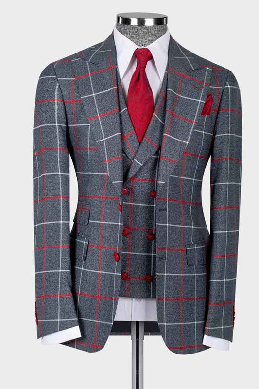 Red/White Plaid Peak Lapel 3-piece Suit
