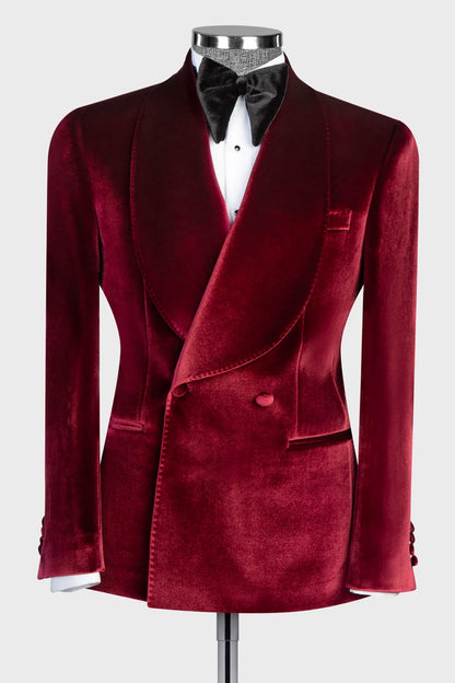 Burgundy Velvet Double-breasted Blazer Suit