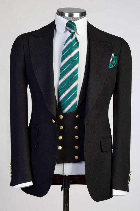 Men's Peak Lapel 3-piece Suit in Black