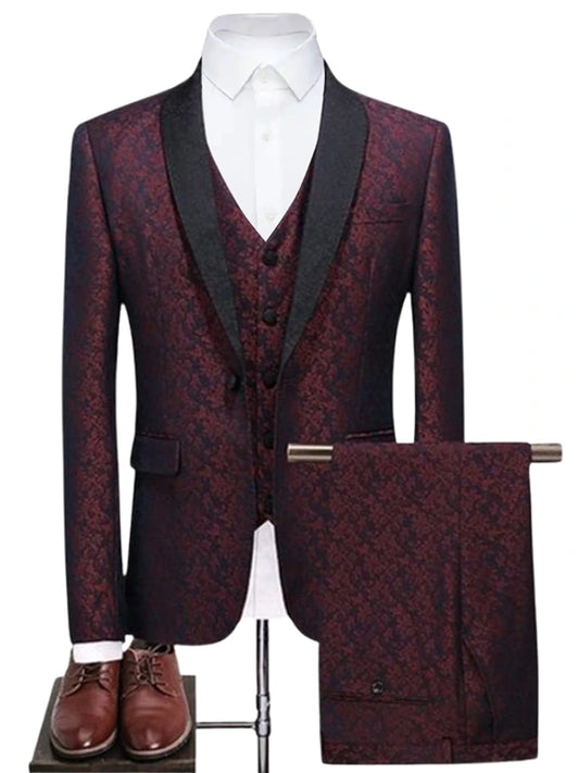 3 Piece Shawl Lapel Burgundy Single Breasted Suit