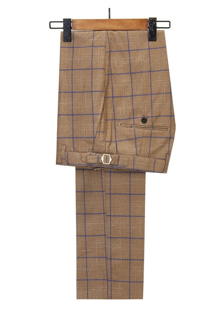 Fancy 2-Piece Coffee Plaid Peak Lapel Double Breasted Suit