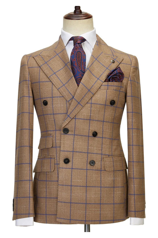 Fancy 2-Piece Coffee Plaid Peak Lapel Double Breasted Suit