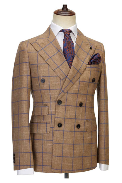 Fancy 2-Piece Coffee Plaid Peak Lapel Double Breasted Suit