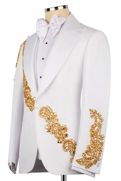 White One-button 3-piece Tuxedo with Appliques