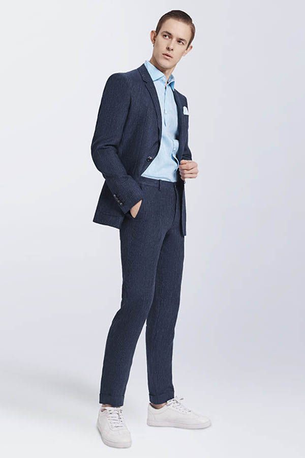 New Arrival Dark Navy Mens Casual Suits Patch Pockets Daily Men Suit