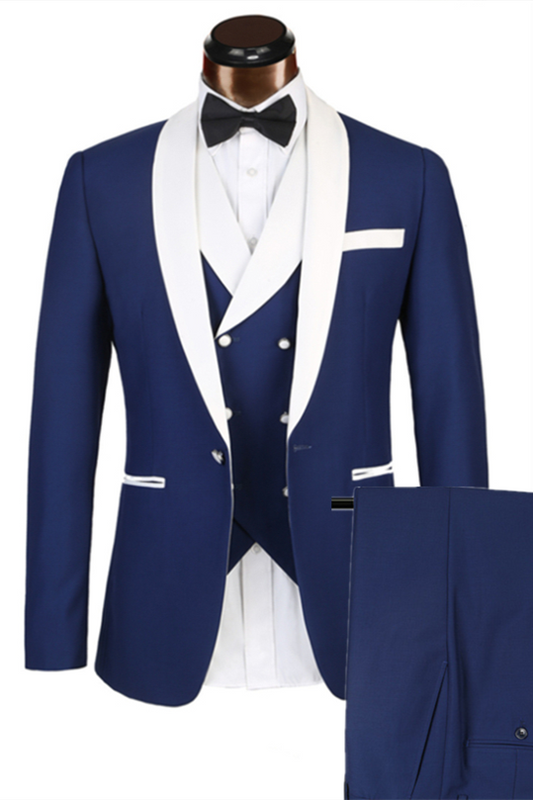 3 Piece Classic White Shawl Lapel Blue Suit