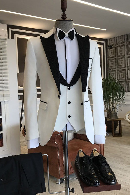 3-pieces White Men Prom Suits mixed Black Peaked Lapel