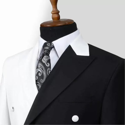 Black White 2 Piece Double Breasted Peak Lapel Men Suits