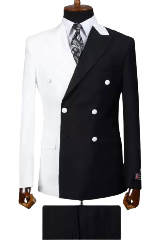 Black White 2 Piece Double Breasted Peak Lapel Suit