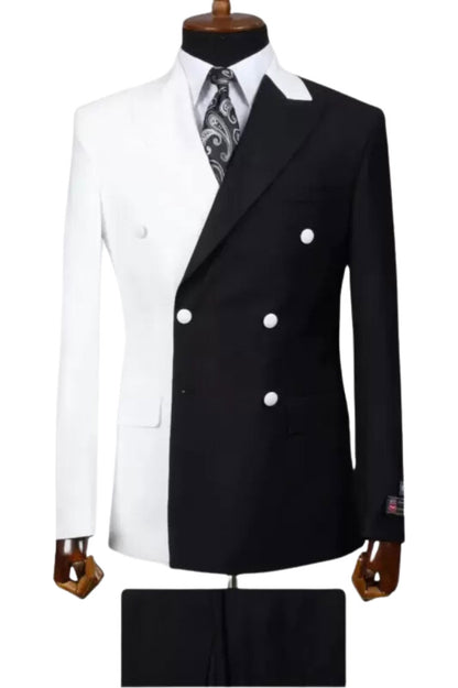Black White 2 Piece Double Breasted Peak Lapel Suit
