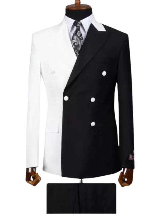 Black White 2 Piece Double Breasted Peak Lapel Men Suits