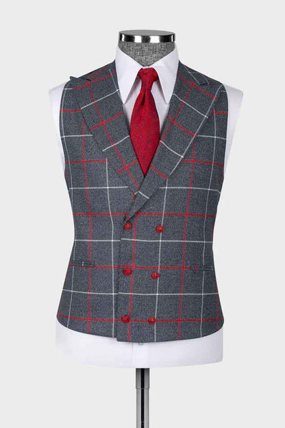 Red/White Plaid Peak Lapel 3-piece Suit