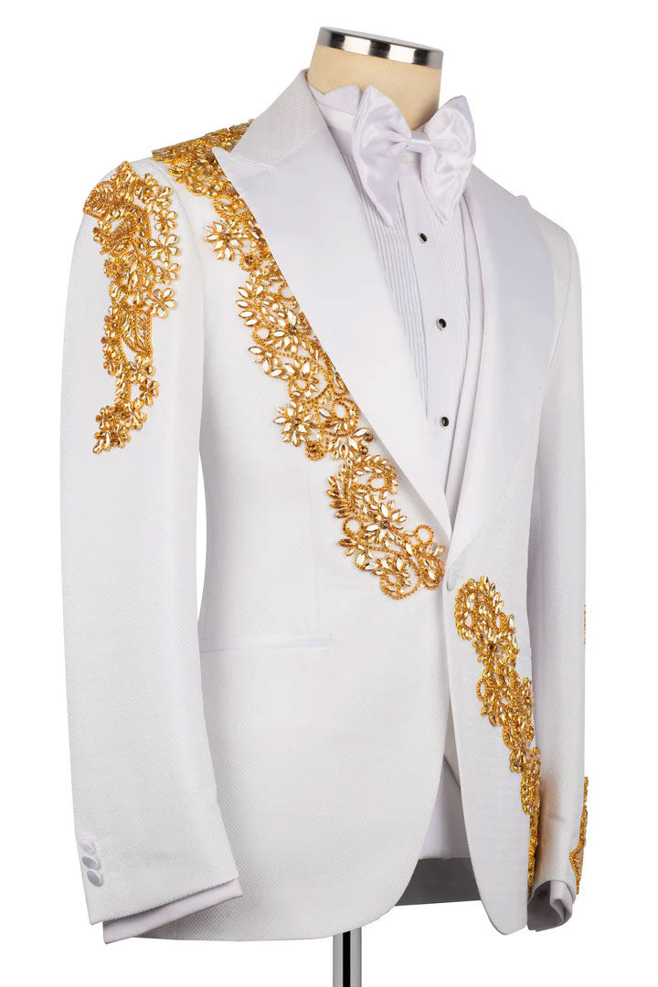 White One-button 3-piece Tuxedo with Appliques