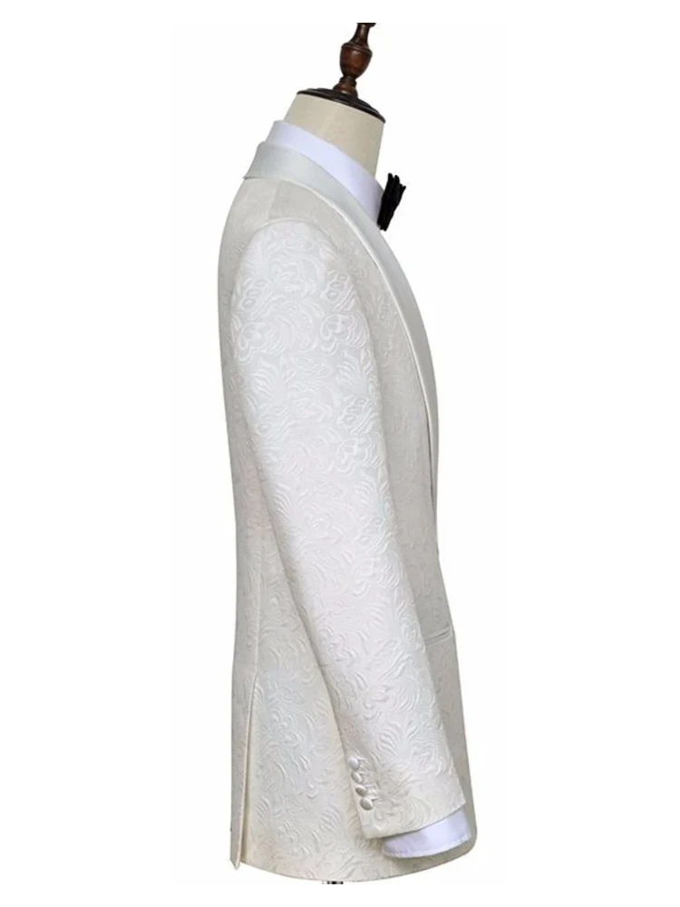 Noble White Satin Shawl Lapel Two Piece Floral Jacquard Wedding Tuxedos