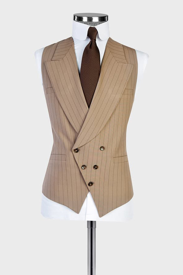 3 Piece Single Breasted Peaked Lapel  Khaki Outfits