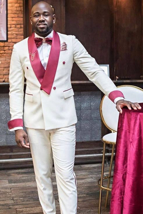 Classy White Tuxedo with Pink Shawl Lapel 2-piece Prom Suit