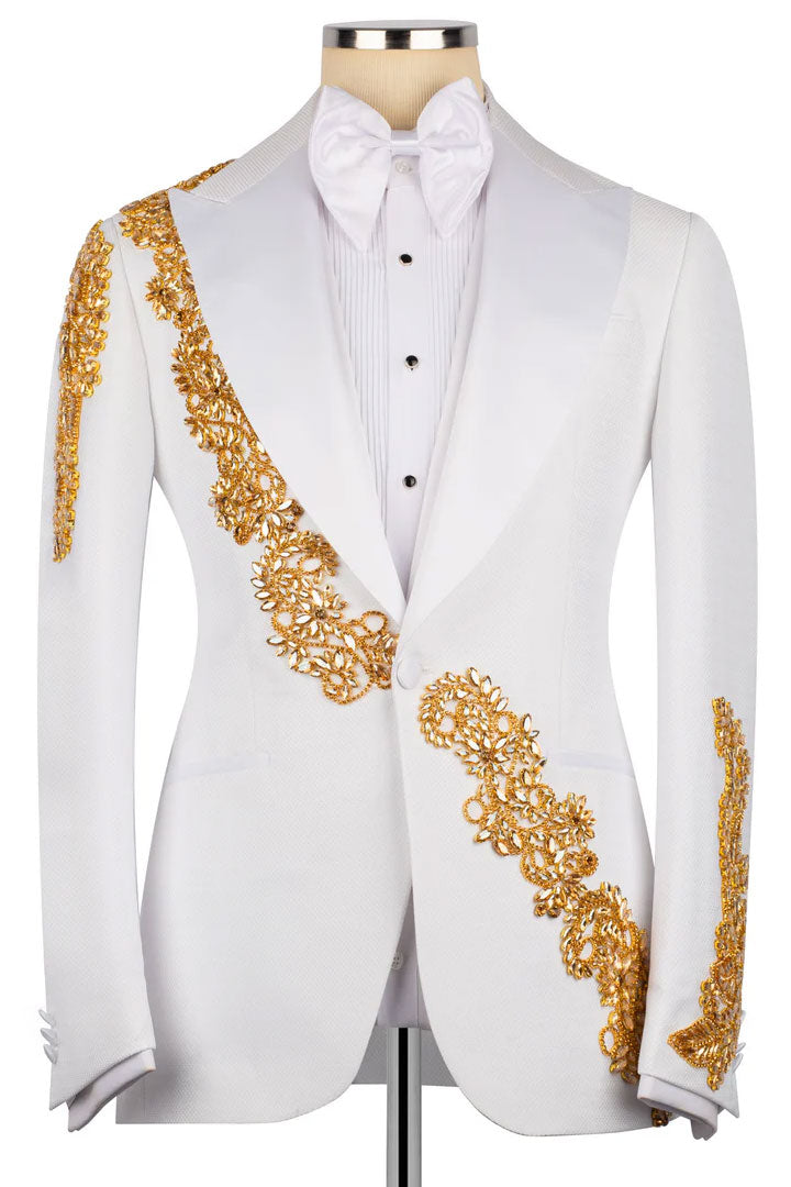 White One-button 3-piece Tuxedo with Appliques