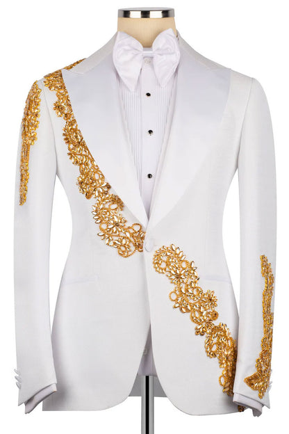 White One-button 3-piece Tuxedo with Appliques