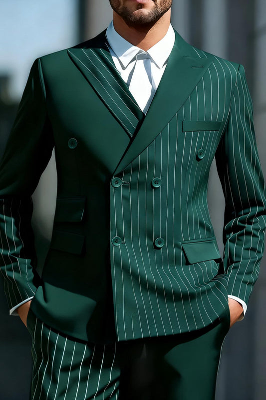 Green Striped Double-breasted 2-Piece Suit