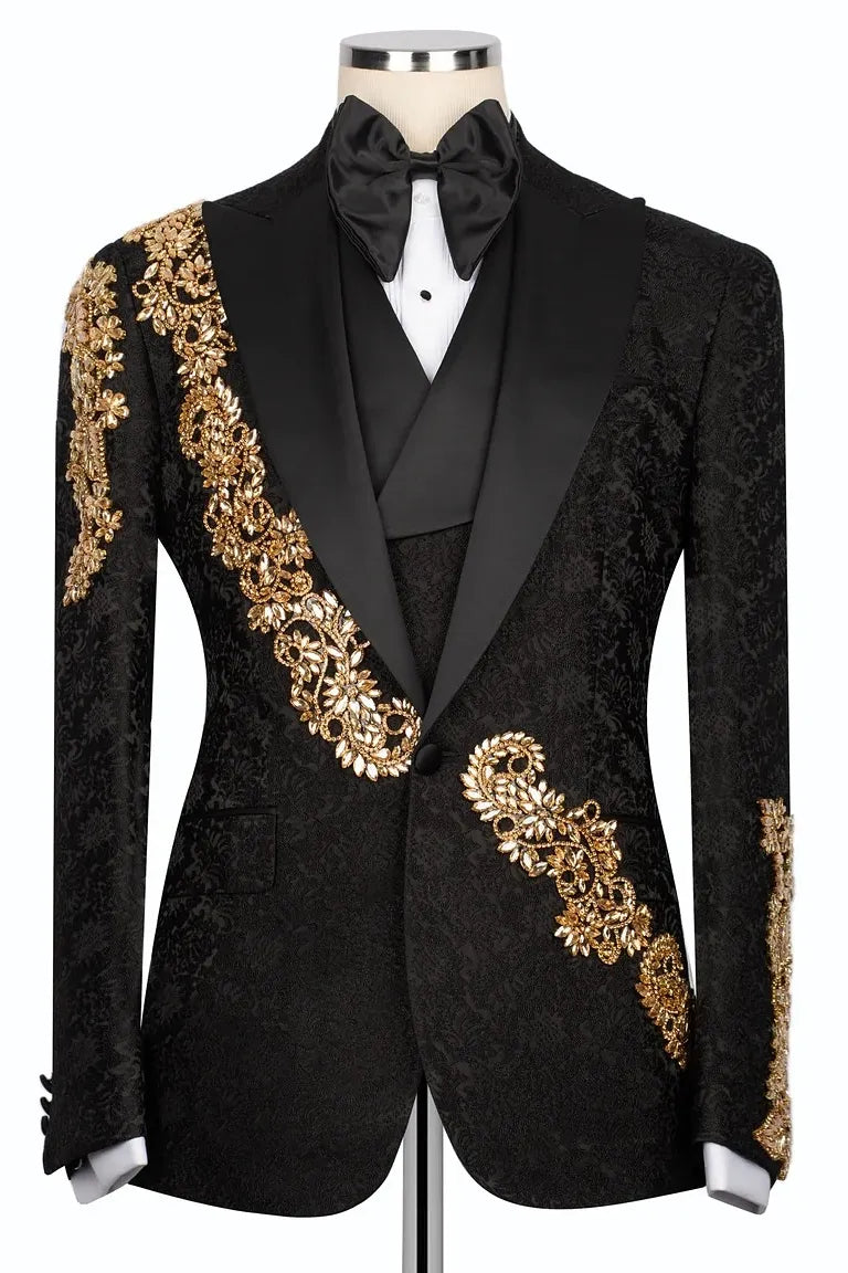 Jacquard Black 3-piece Suit with Gold Appliques