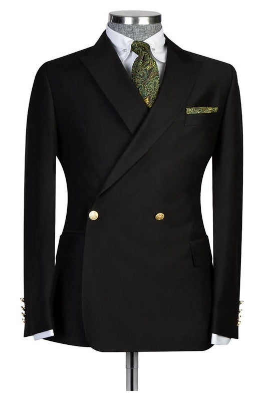 2 Piece Peak Lapel Black Double Breasted Suit