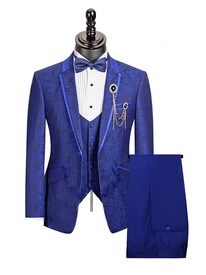 Handsome Royal Blue Three Piece Notch Lapel Single Breasted Paisley Pattern Dinner Prom Tuxedos