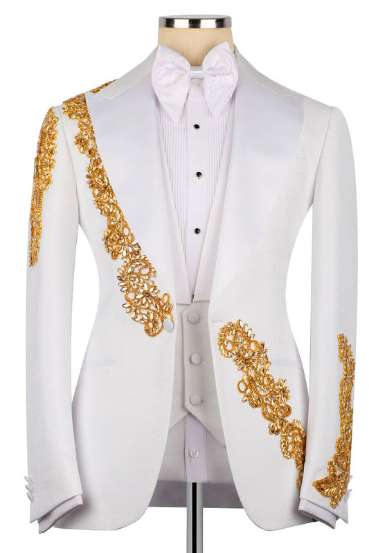White One-button 3-piece Tuxedo with Appliques