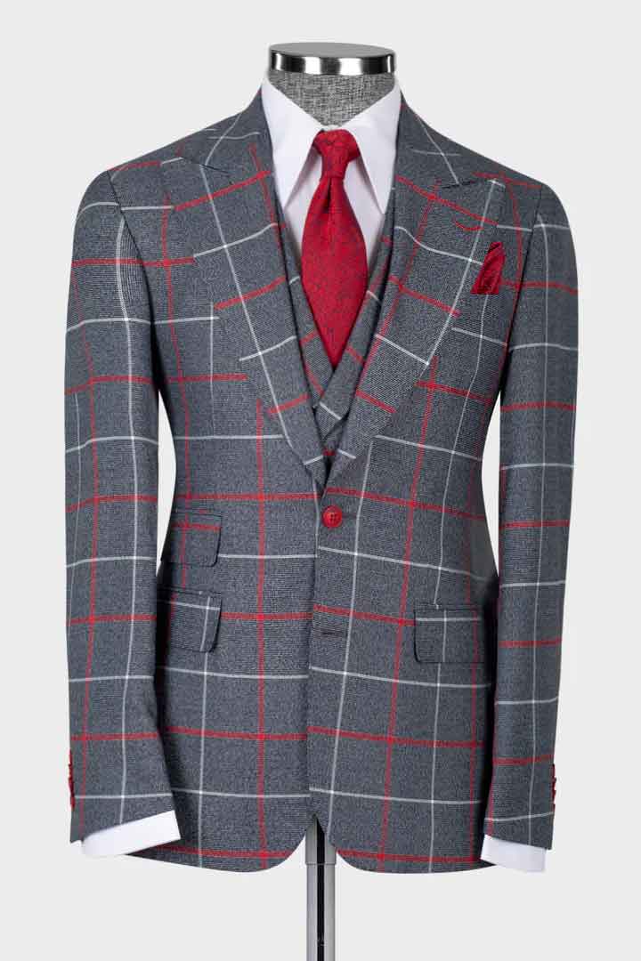 Red/White Plaid Peak Lapel 3-piece Suit