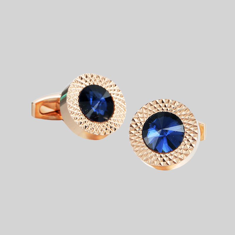 Round Gold Blue Crystal Cufflinks