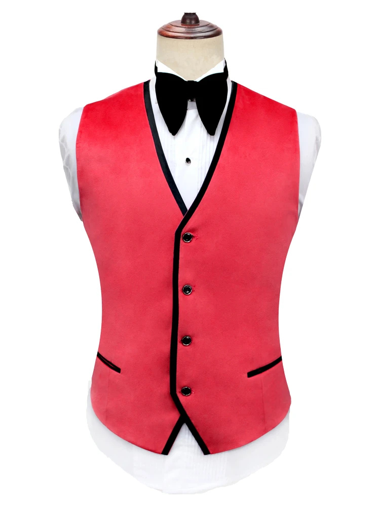 Fashion Red Three Piece Peak Lapel Velvet Slim Fit Wedding and Prom Men Suits