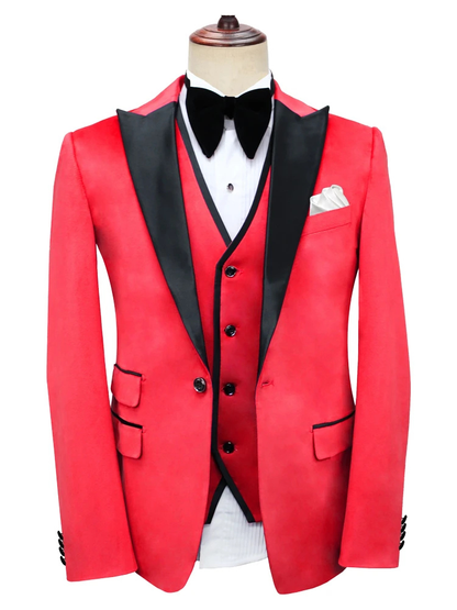 Fashion Red Three Piece Peak Lapel Velvet Slim Fit Wedding and Prom Men Suits