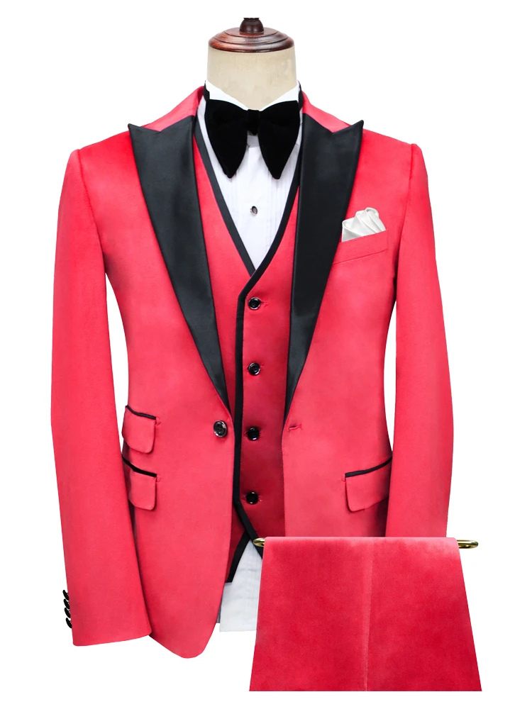 Fashion Red Three Piece Peak Lapel Velvet Slim Fit Wedding and Prom Men Suits