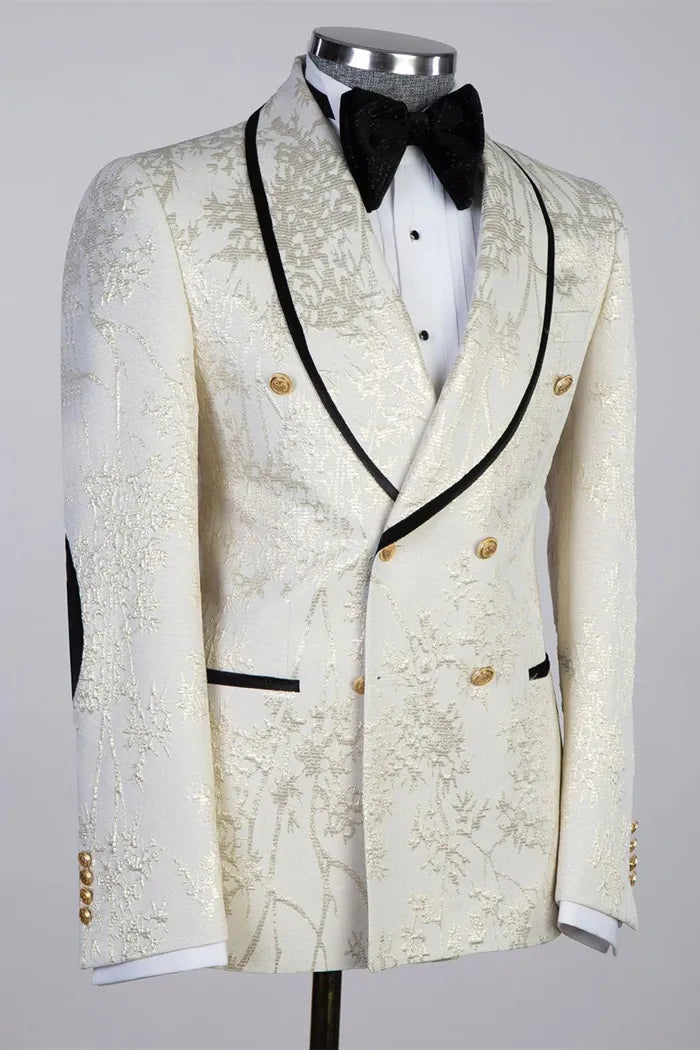 Glamorous White Shawl Lapel 2-piece Jacquard Blazer Suit