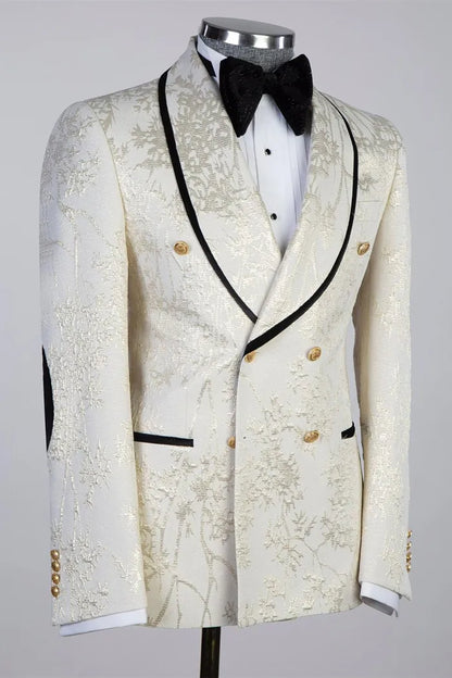 Glamorous White Shawl Lapel 2-piece Jacquard Blazer Suit