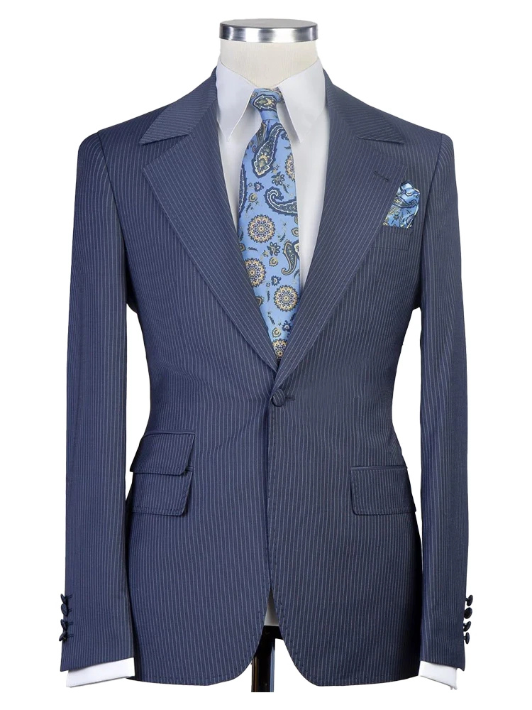 Navy Blue Stripe Notch Lapel Three Piece Classic Casual Men Suits