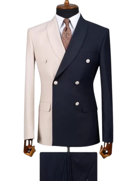 2 Piece Double Breasted Peak Lapel Men's Suits Navy/Beige