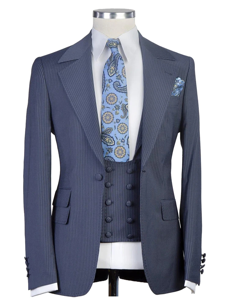 Navy Blue Stripe Notch Lapel Three Piece Classic Casual Men Suits