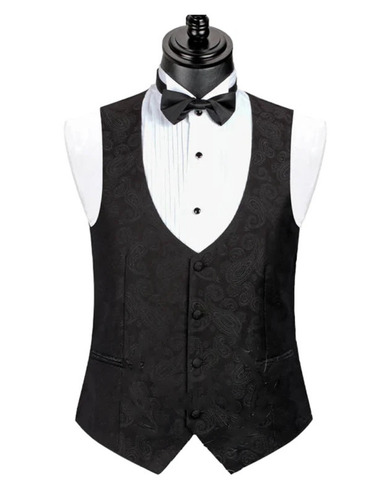 Classic Three Piece Notch Lapel Black Single Breasted Slim Fit Jacquard Floral Wedding Tuxedo