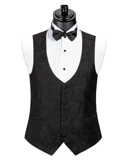 Classic Three Piece Notch Lapel Black Single Breasted Slim Fit Jacquard Floral Wedding Tuxedo