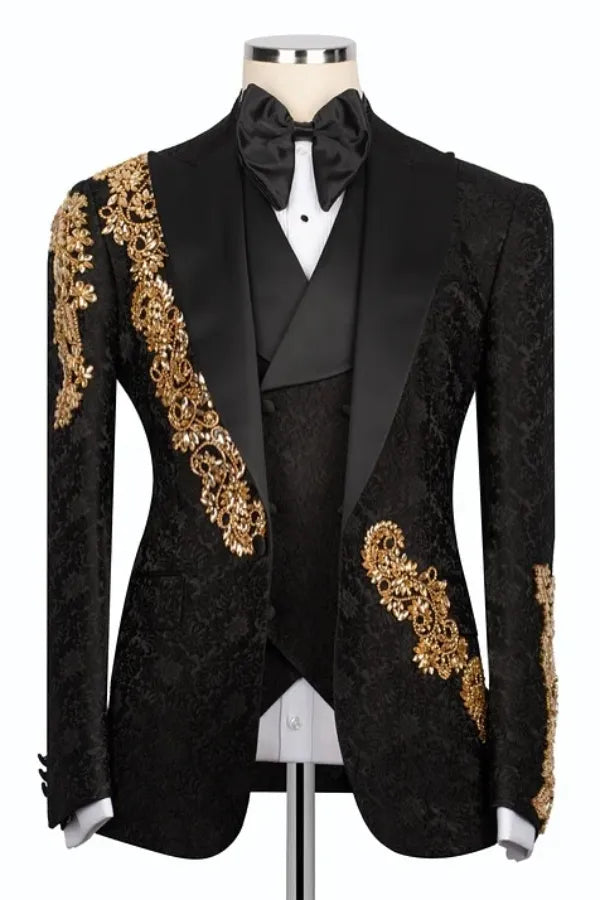 Jacquard Black 3-piece Suit with Gold Appliques