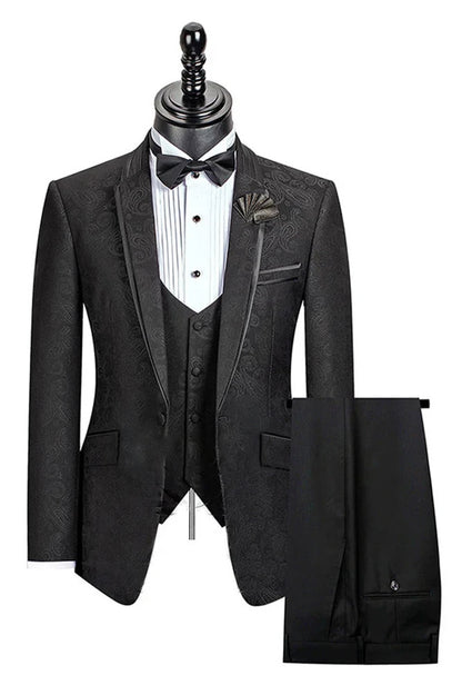 Jacquard 3-piece Notch Lapel Black Suit